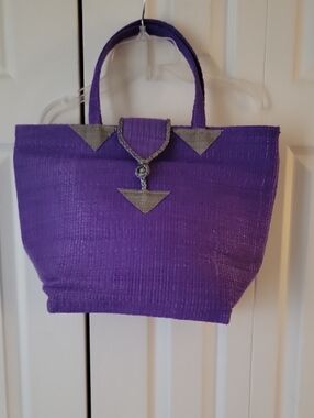 Handwoven Purple Straw Tote with Silver Accents